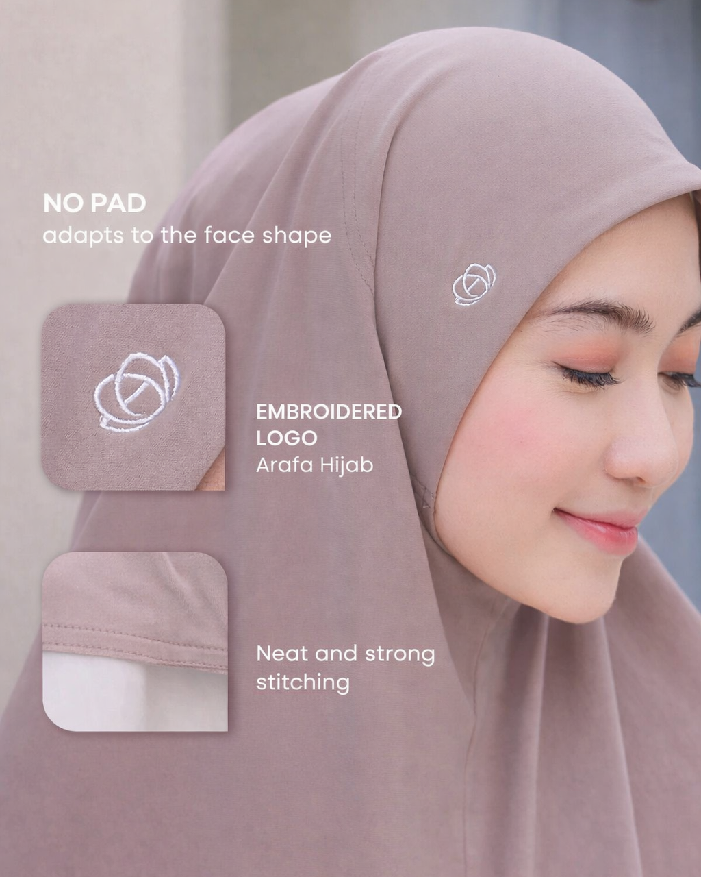 Woman wearing a beige hijab with Arafah branding and product features highlighted.