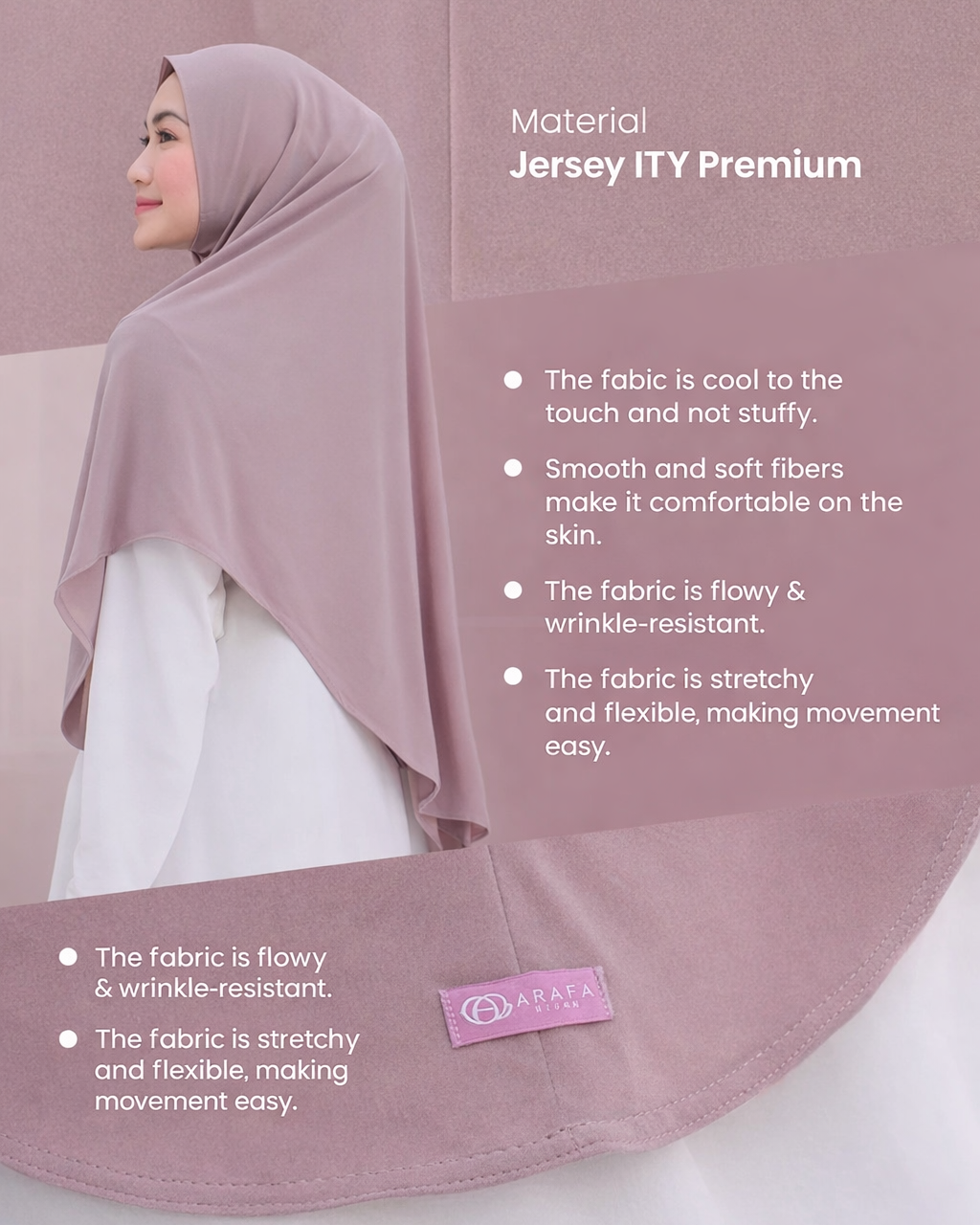 Person wearing a hijab with material information text on a pink background