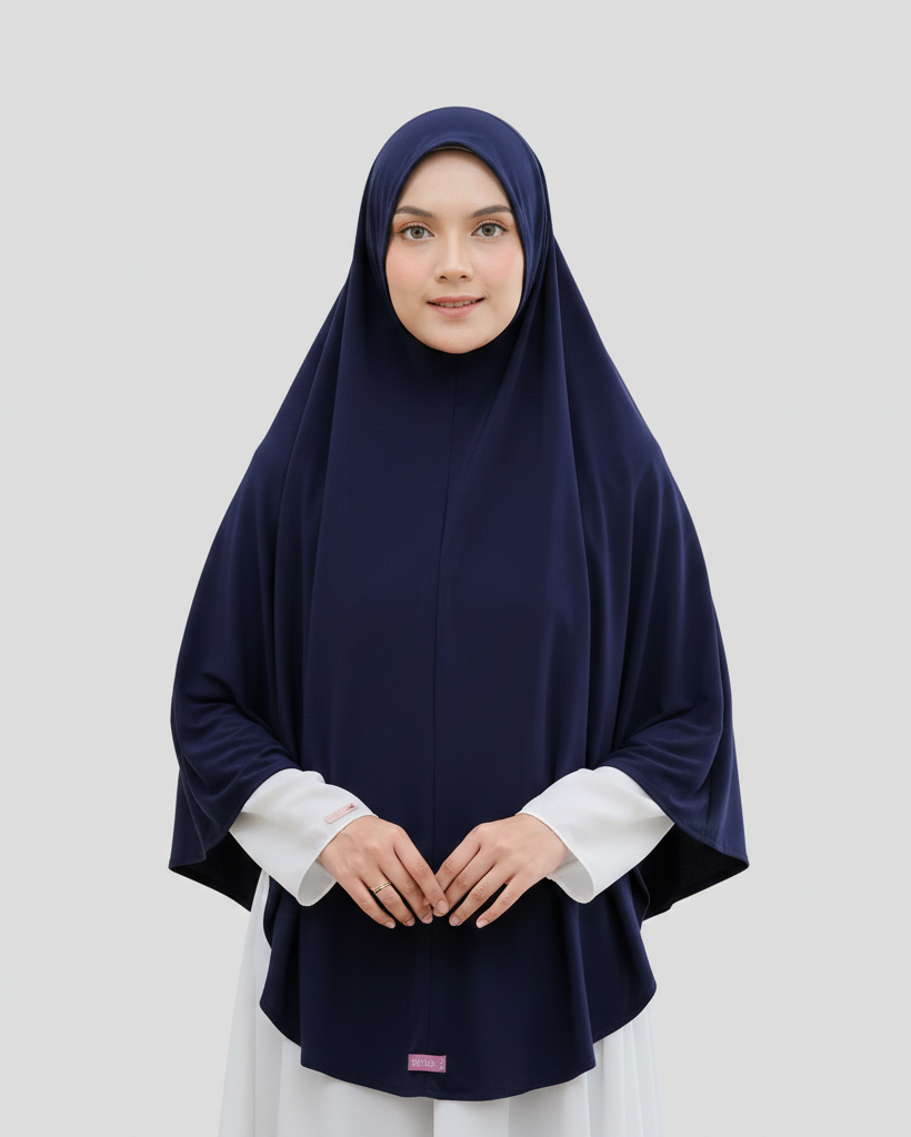 Woman wearing a navy hijab and white shirt on a light gray background