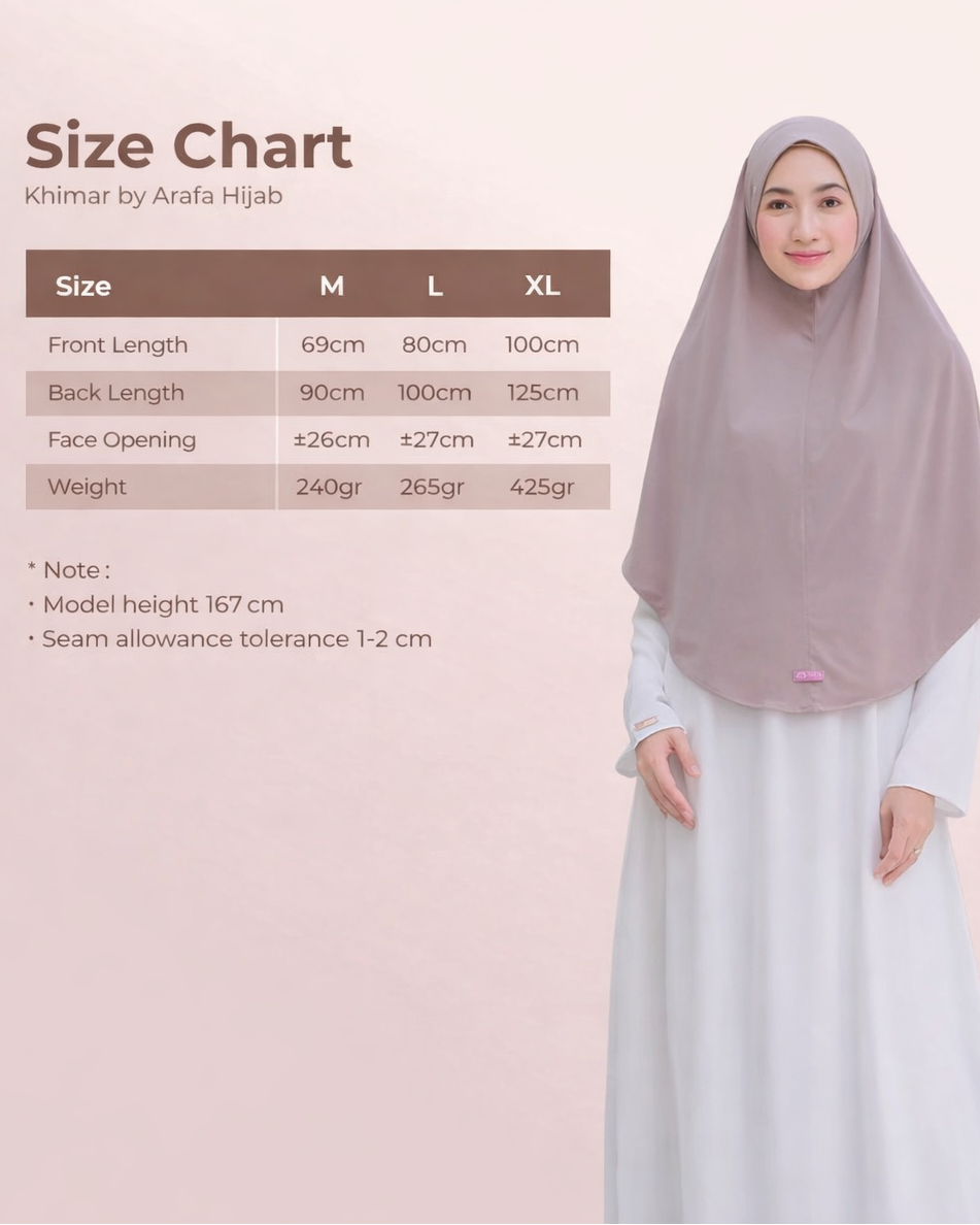 Size chart for a hijab with a model wearing the product on a light pink background