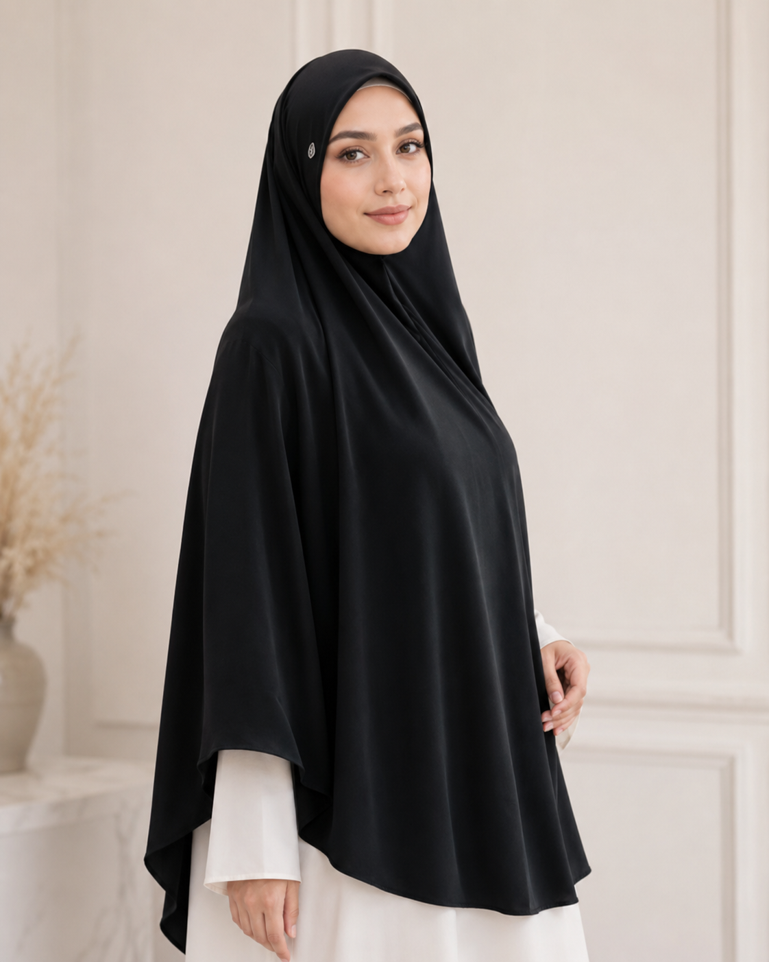 Woman wearing a black instant hijab and white top