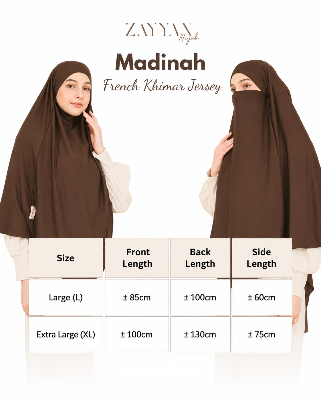 Zayyan French Khimar Madinah Jersey 4 in 1 Instant Hijab with Niqab size chart