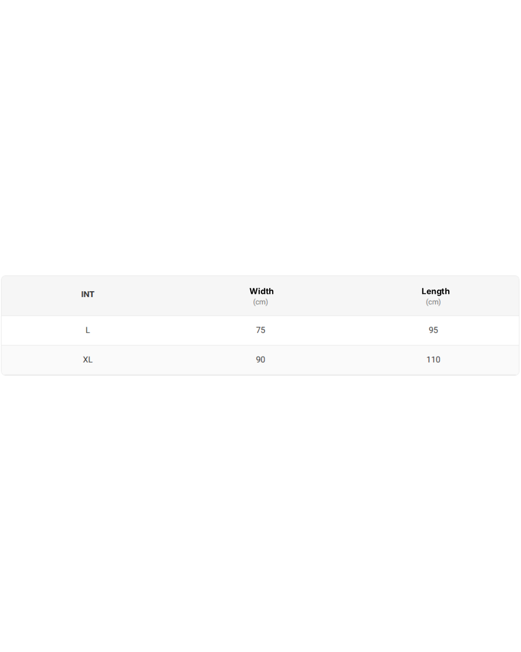 Measurement chart for amily product with size options L and XL, showing width and length dimensions.