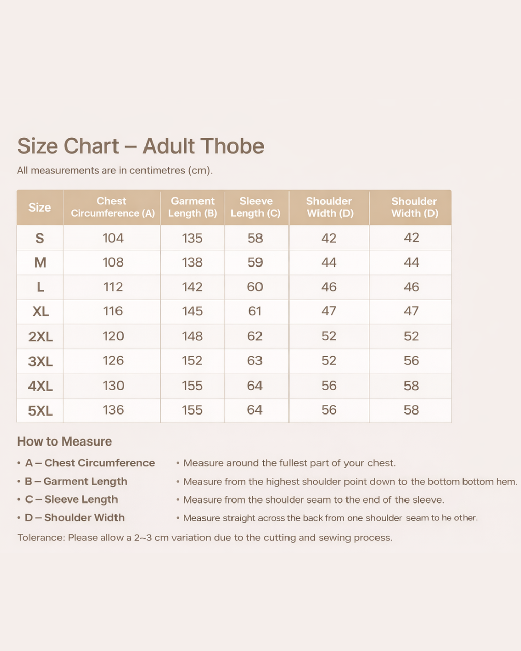 DThree men Thobe size chart